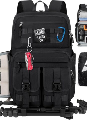 RAINSMORE Camera Bag Backpack for DSLR/SLR/Mirrorless Camera Bags for Photographers 15.6 Inch Waterproof Tactical Photography Case with Rain Cover & Tripod Holder, Black