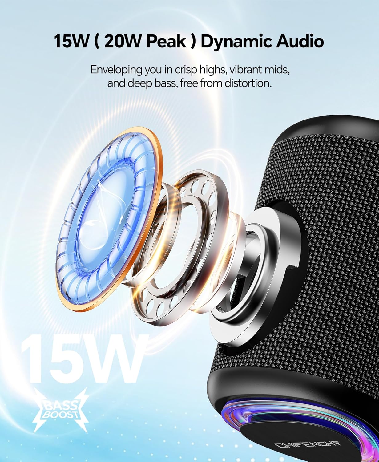 Portable Bluetooth Speaker Beach Essentials: Powerful Crystal Clear Sound/Dynamic Light/IPX5 Waterproof/All Day Playtime/Wireless BT 5.3/TWS Paring, Dad Gifts, Outdoor|Travel|Camping|Pool Accessories - Image 2